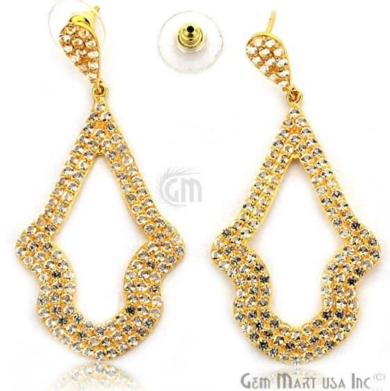 Broad hoop earrings-Gold Vermeil Studded With Micro Pave White Topaz 63x30mm Dangle Earring