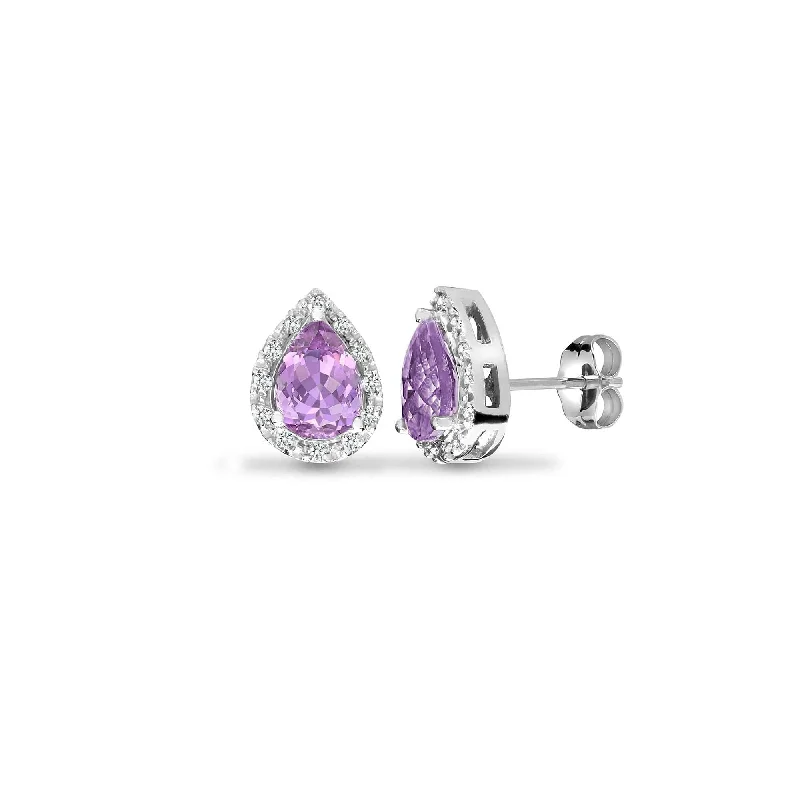 Gloss finish earrings-Amethyst Halo Stud Earrings in 9K White Gold