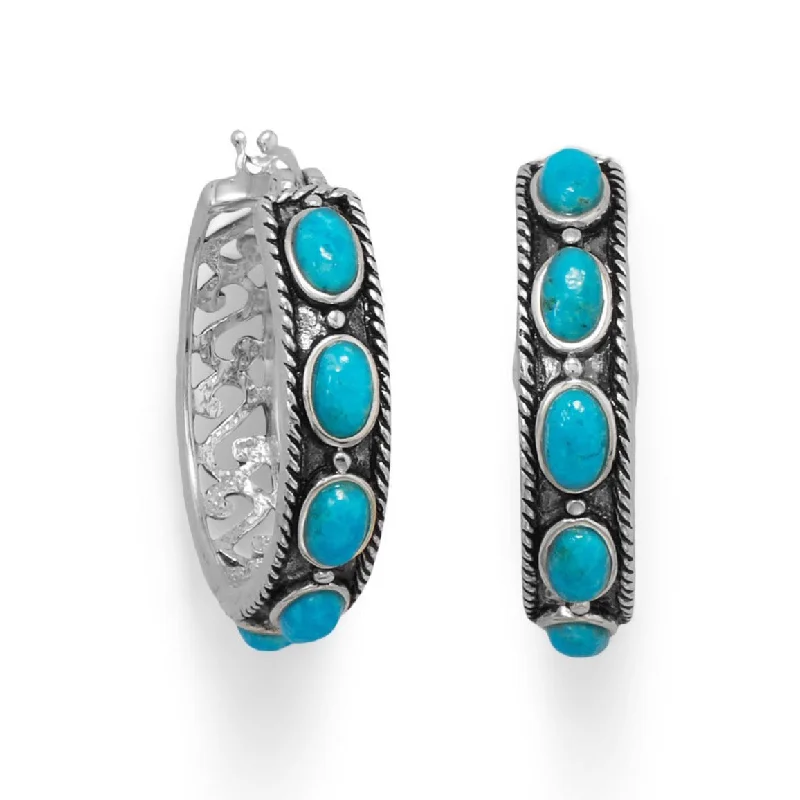 Wide hoop earrings-Sterling Silver Ornate Oxidized Turquoise 30mm Hoop Earrings