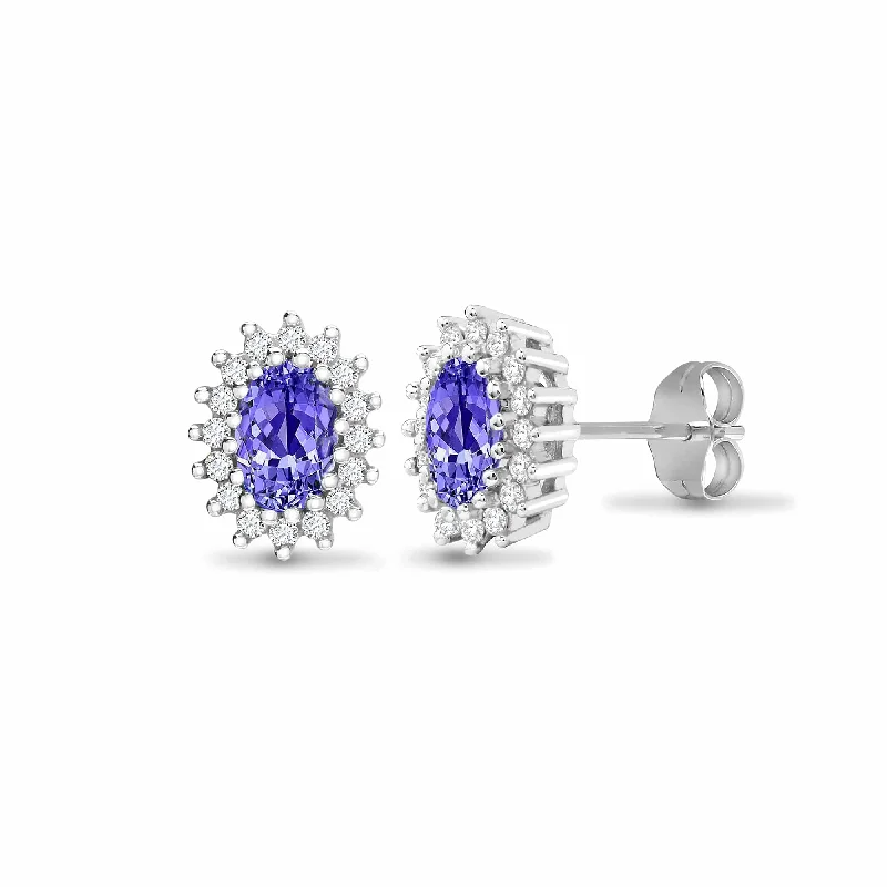 Swirl design earrings-TANZANITE HALO STUD EARRINGS IN 9K WHITE GOLD