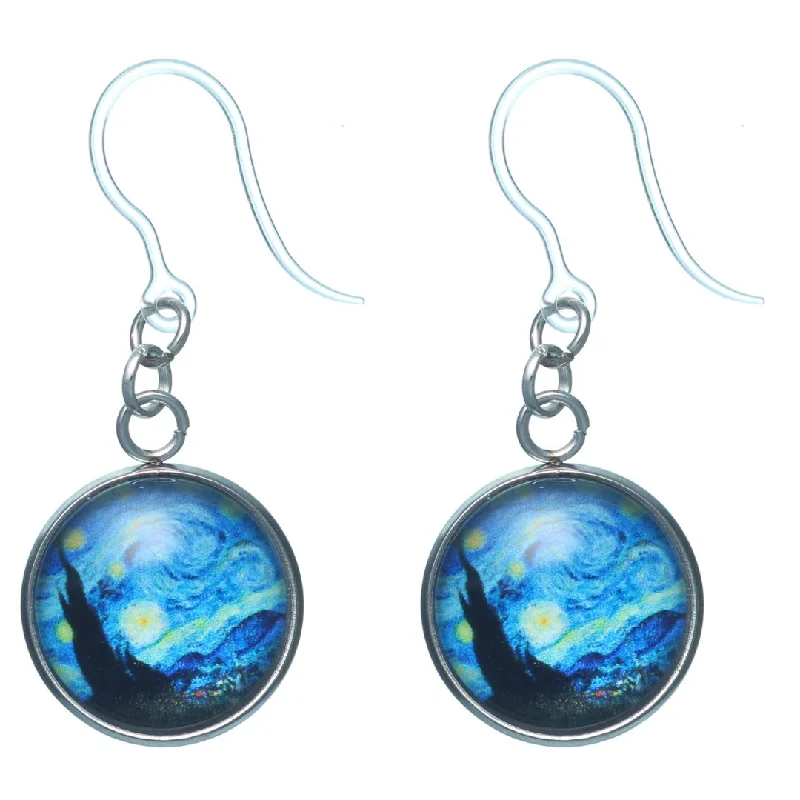 Glass Van Gogh Starry Night Dangles Hypoallergenic Earrings for Sensitive Ears Made with Plastic Posts