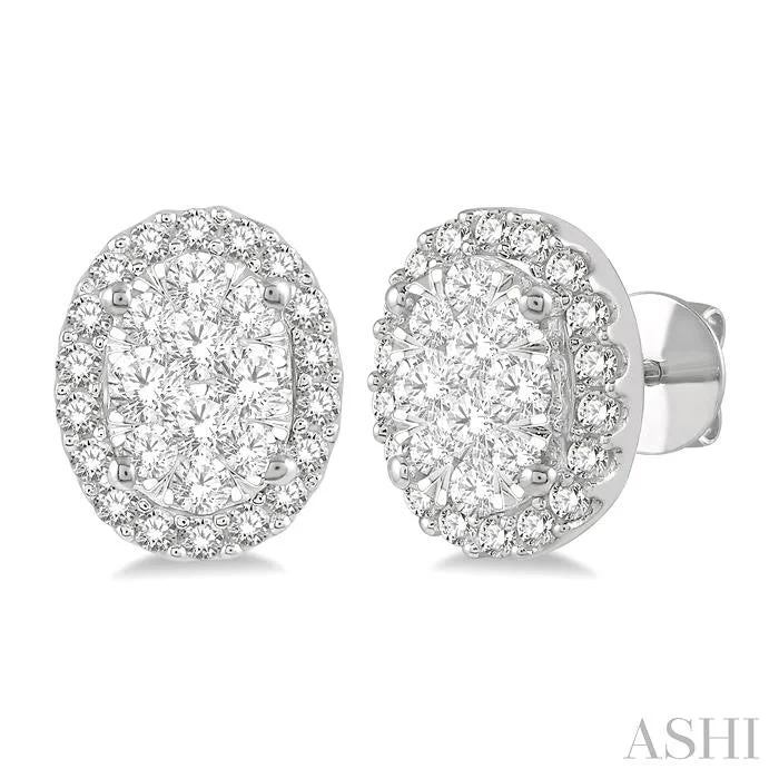 Raised disc earrings-OVAL SHAPE HALO LOVEBRIGHT ESSENTIAL DIAMOND EARRINGS