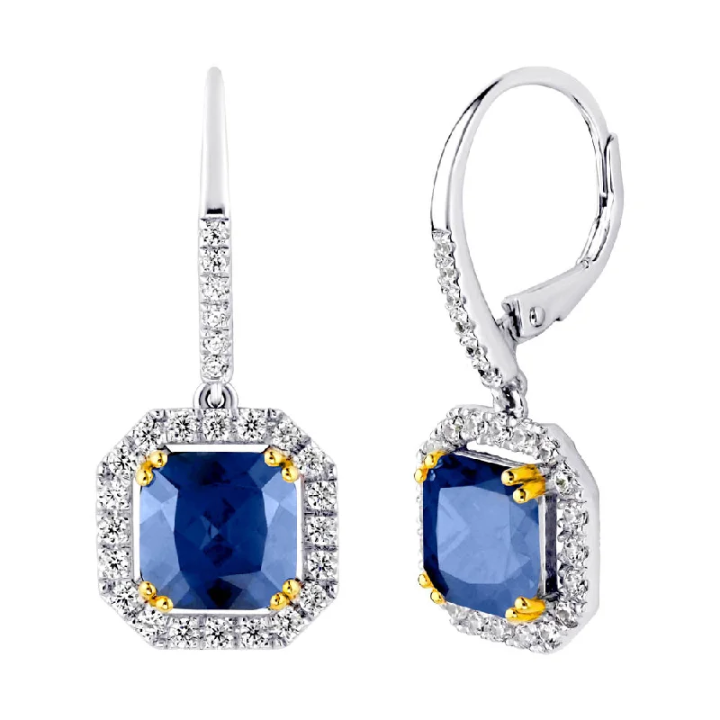 Square stud earrings-Sterling Silver Lab Created Sapphire Cushion Cut Drops with 18 KGP Prongs & Stone Detailing on Back