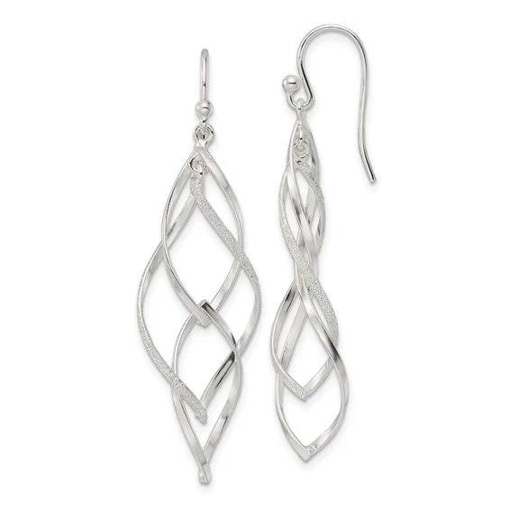 Reed style earrings-Sterling Silver Polished and Laser Twisted Dangle Hook Earrings