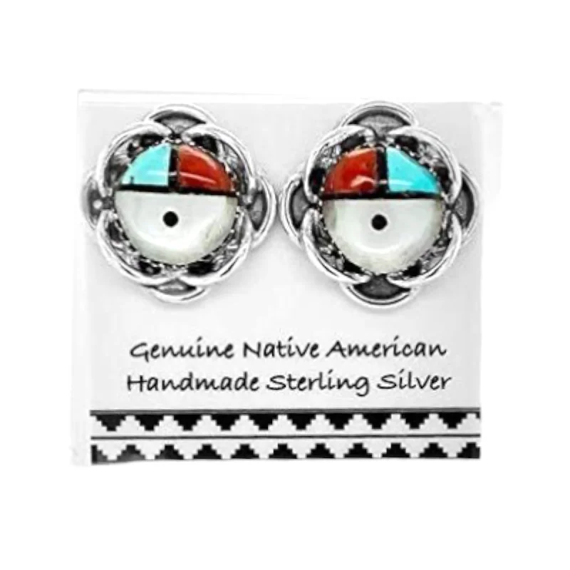 7mm Genuine Stone Zuni Sunface Stud Earrings, Sterling Silver, Turquoise and Coral, Authentic Native American Handmade, Nickel Free