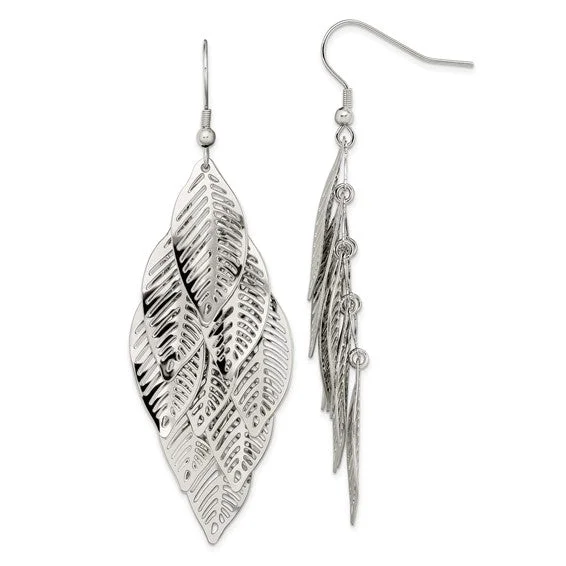 Patina brass earrings-Stainless Steel Polished Leaves Dangle Earrings