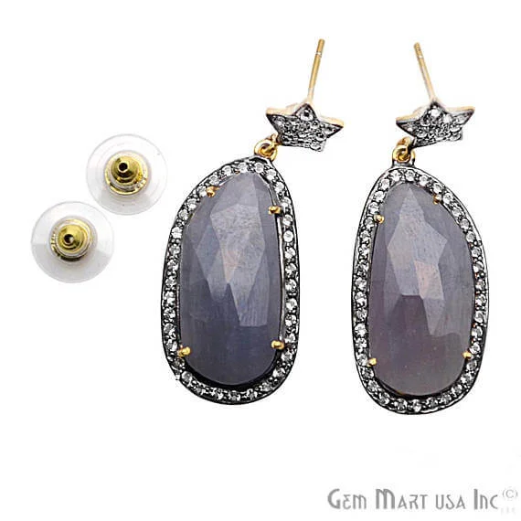 Aged medallion earrings-Blue Sapphire With Cubic Zirconia Pave Diamond 43x16mm,Gold Vermeil Dangle Drop Stud Earring