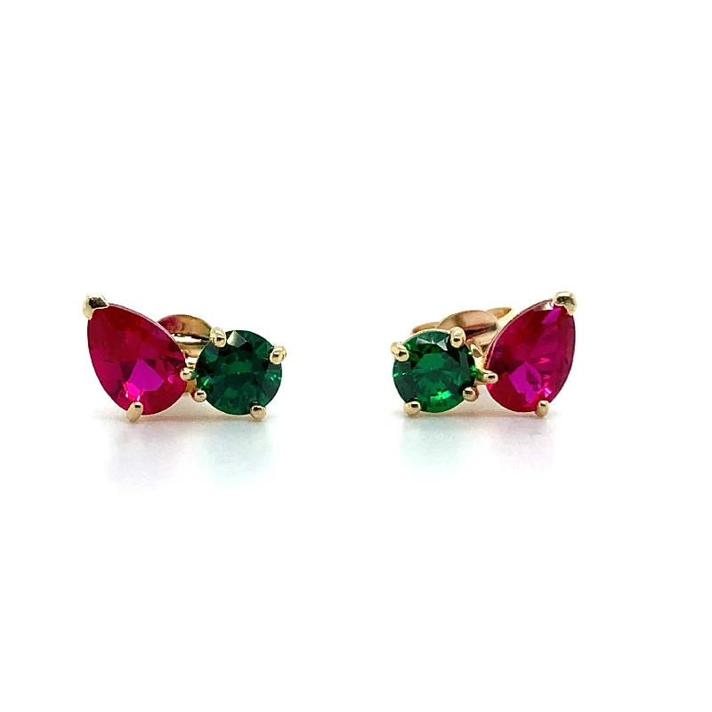 Fused metal earrings-9ct Yellow Gold Toi Et Moi Emerald And Ruby Earrings