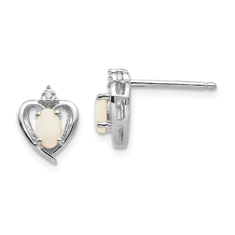 Bright bead earrings-14k White Gold Diamond & Genuine Opal Heart Stud Earrings