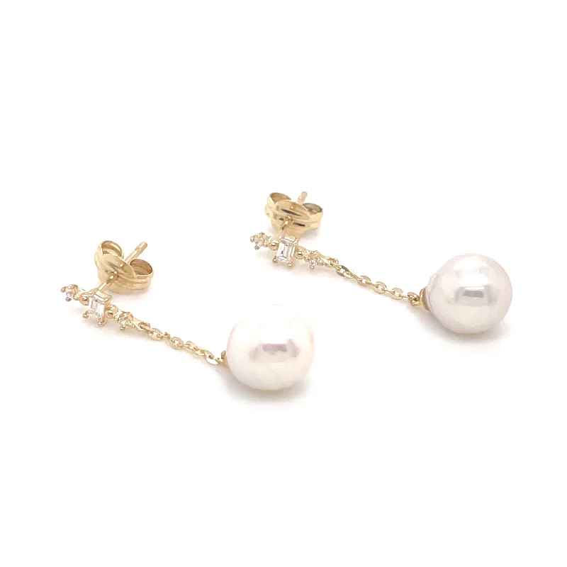 Petal pattern earrings-9ct Yellow Gold Pearl Drop CZ Earrings