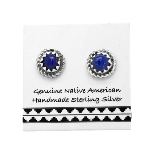 6mm Genuine Lapis Lazuli Stud Earrings in 925 Sterling Silver, Round with Braid, Authentic Native American Handmade, Dark Navy Blue