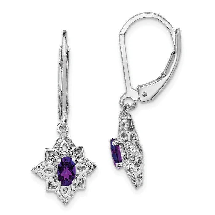 Pure star earrings-Sterling Silver Oval Amethyst & Diamond Leverback Earrings