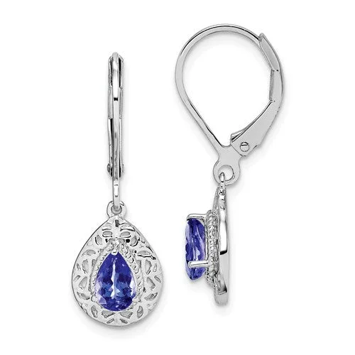 Full crescent earrings-Sterling Silver Genuine Pear Tanzanite Filigree Lever Back Earrings