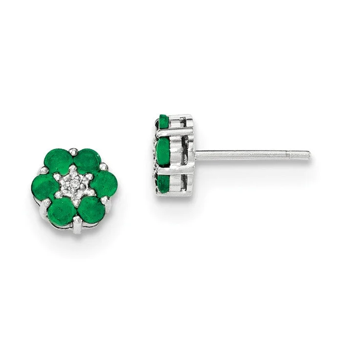 Soft threader earrings-14K White Gold Solid Emerald And Diamond Post Flower Earrings