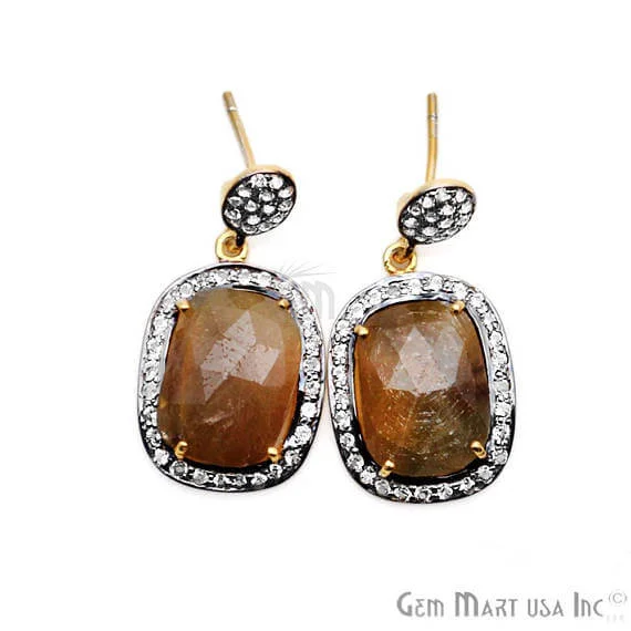 Light drop earrings-Brown Sapphire With Cubic Zirconia Pave Diamond 33x16mm,Gold Vermeil Dangle Drop Stud Earring