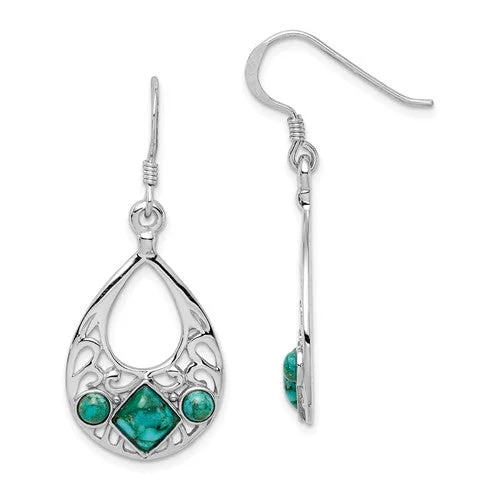 Emerald stone earrings-Sterling Silver Teardrop Filigree Turquoise Dangle Earrings