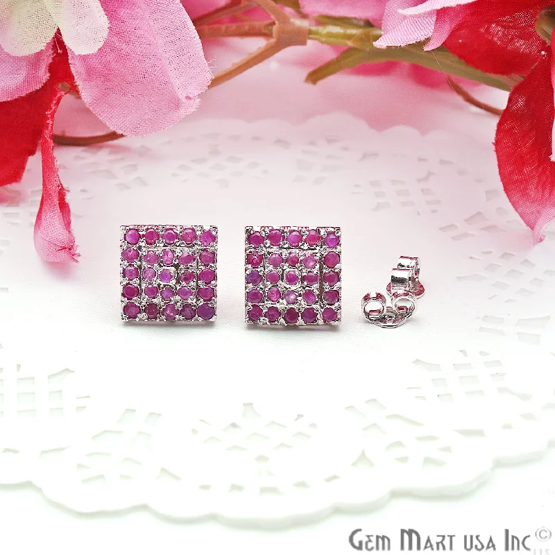 Broad hoop earrings-Ruby 12mm Sterling Silver Square Shape Stud Earring