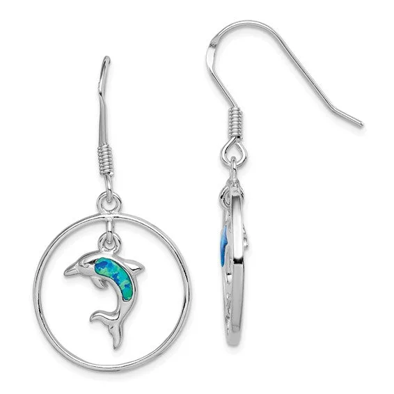 Aged medallion earrings-Sterling Silver Circle With Blue Opal Dolphin Dangle Earrings