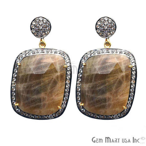 Guardian eye earrings-Brown Sapphire With Cubic Zirconia Pave Diamond 25x43mm,Gold Vermeil Dangle Drop Stud Earring