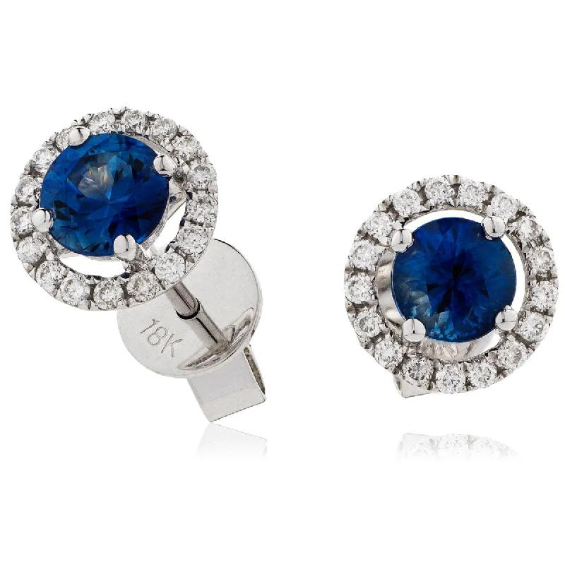 Fine texture earrings-SAPPHIRE HALO STUD EARRINGS