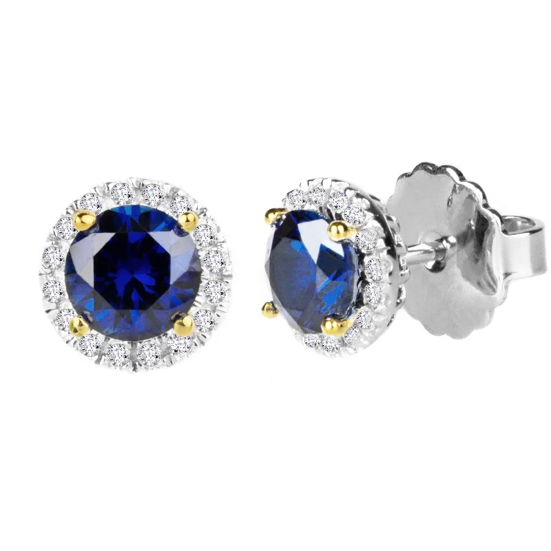 Antique bronze earrings-Sterling Silver 1 Carat Lab Created Sapphire Round Solana Studs with Halo and 18 KGP Prongs