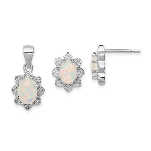 Old flair earrings-Sterling Silver Created Opal Pendant & Earring Set