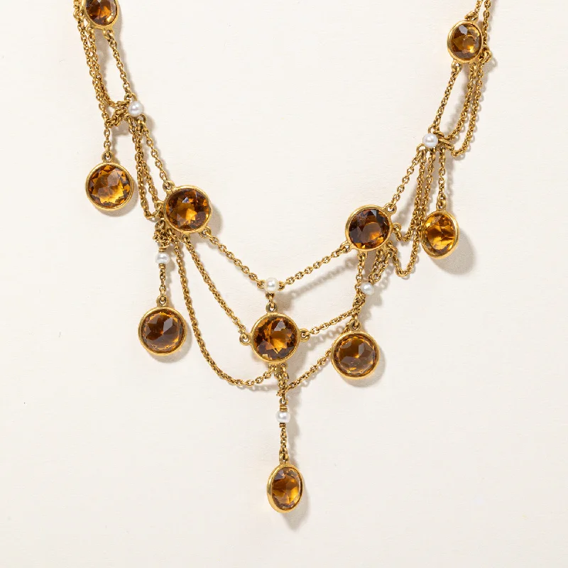 Freshwater pearl necklaces-Citrine & Pearl Cocktail Necklace | 15.00ctw | 14" |