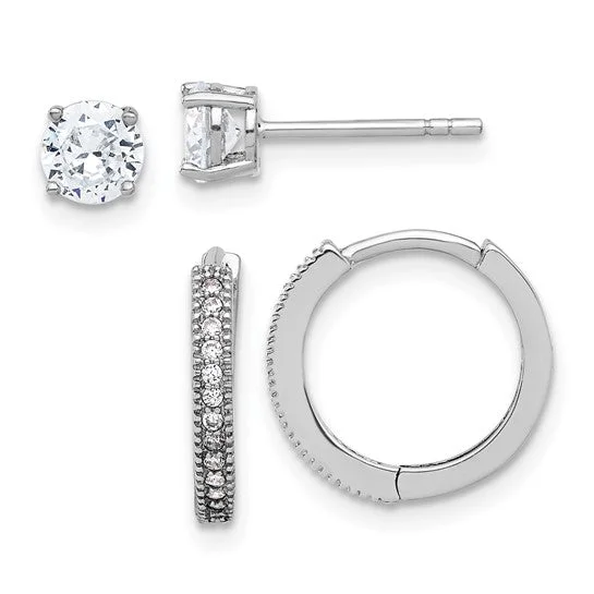 Two-sided earrings-Sterling Silver CZ 2mm Hoop and 5mm Stud Post Earrings Set