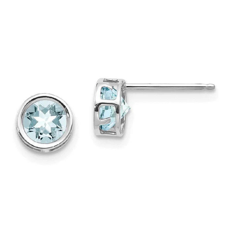 Wave shape earrings-14k White Gold 5mm Round Aquamarine Bezel Set Earrings