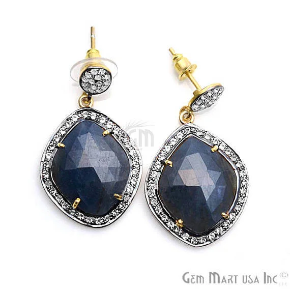 Gem weave earrings-Blue Sapphire With Cubic Zirconia Pave Diamond 38x22mm,Gold Vermeil Dangle Drop Stud Earring