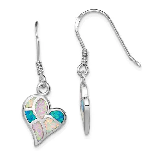 Flat stud earrings-Sterling Silver Pink, Blue and White Rainbow Created Opal Heart Dangle Earrings