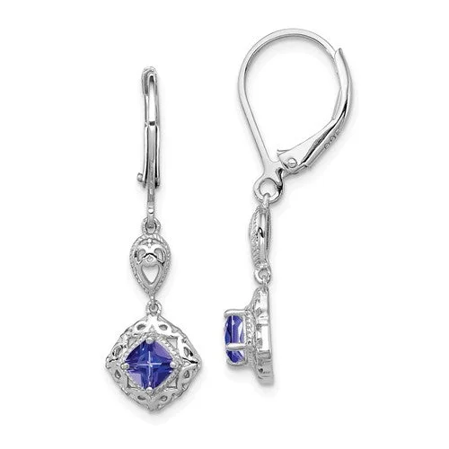 Old flair earrings-Sterling Silver Genuine Tanzanite & Diamond Filigree Lever Back Earrings