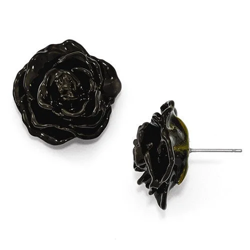 Polished art earrings-Lacquer Dipped Black Natural Rose Silver Earrings