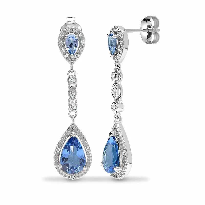 Bold bar earrings-BLUE TOPAZ DROP EARRINGS IN 9K WHITE GOLD