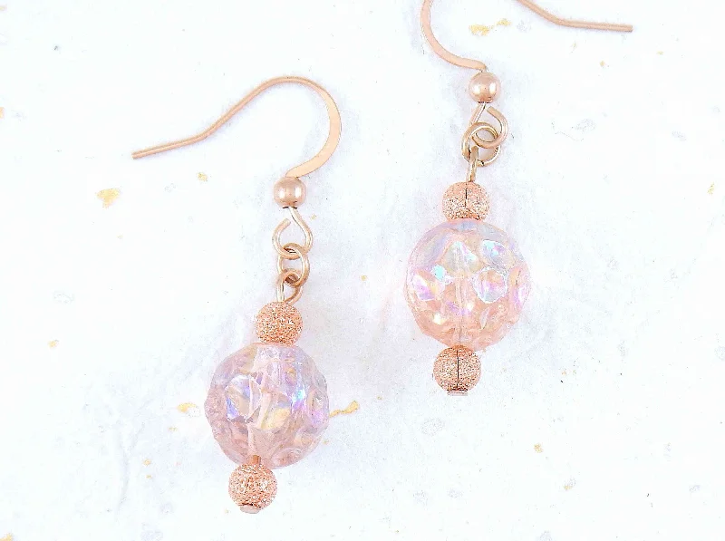 Short earrings with iridescent light peach vintage glass raspberry beads, rose gold-toned stainless steel hooks