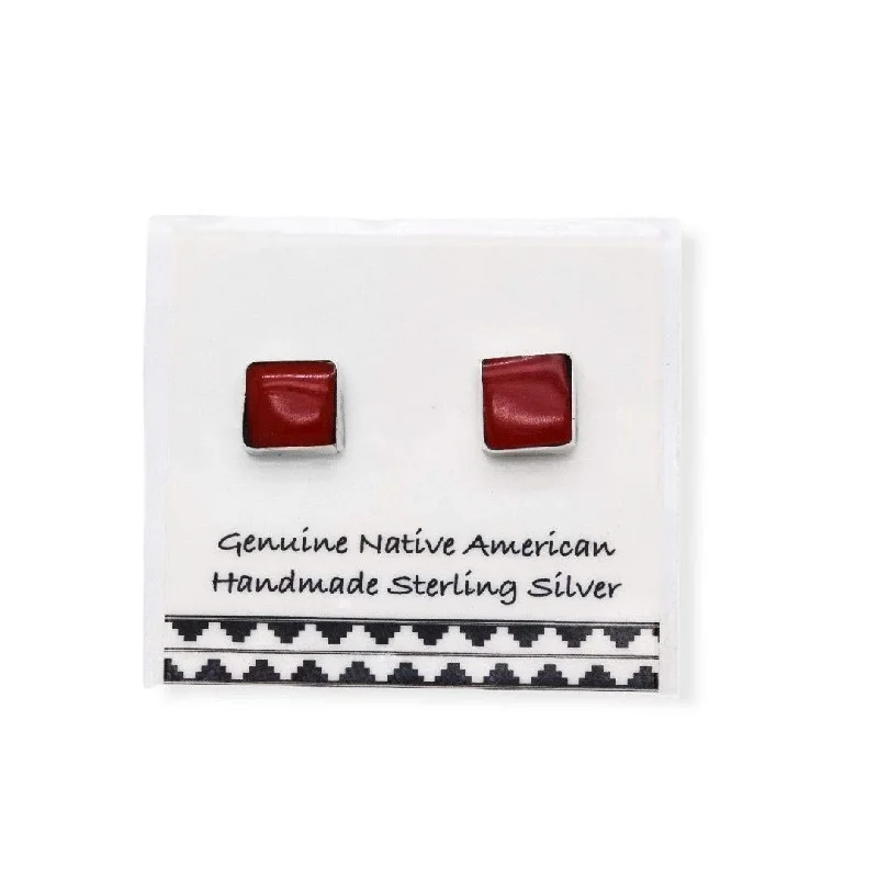 5mm Genuine Red Coral Stud Earrings in 925 Sterling Silver, Square Style, Native American USA Handmade, Nickle Free