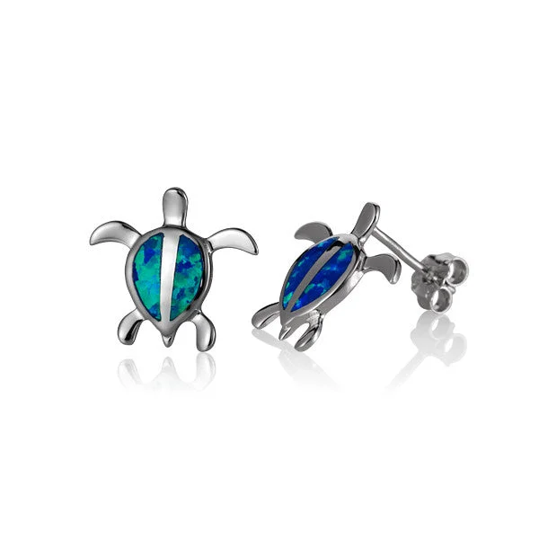 Fine texture earrings-Sterling Silver Alamea Hawaii Blue Opal Honu Turtle Stud Earrings