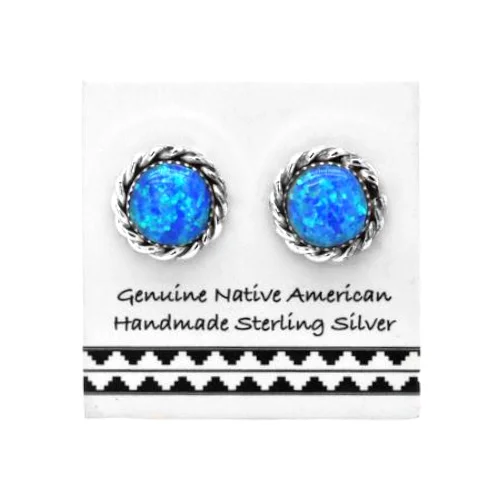 6mm Desert Opal Round Stud Earrings in 925 Sterling Silver, Native American Handmade, Nickel Free, Dark Blue Synthetic Opal