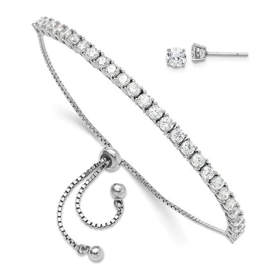 Gloss finish earrings-Sterling Silver CZ Adjustable Bracelet and Post Earrings Set