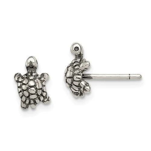 Vivid gem earrings-Sterling Silver And Antiqued Turtle Post Earrings