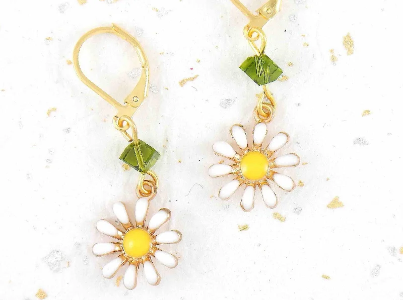 Short earrings with tiny white and yellow enamelled daisies, choice of green-red-blue Swarovski crystals, gold-toned stainless steel lever back hooks