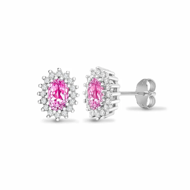 Rover weave earrings-PINK SAPPHIRE HALO STUD EARRINGS IN 9K WHITE GOLD