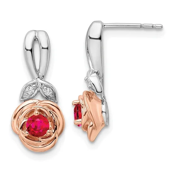 Loop knot earrings-14k White and Rose Gold Two-tone Rose Ruby and Diamond Earrings