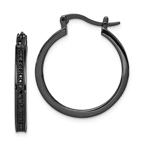 Silk cord earrings-Sterling Silver Black Rhodium Plated Black CZ Hoop Earrings