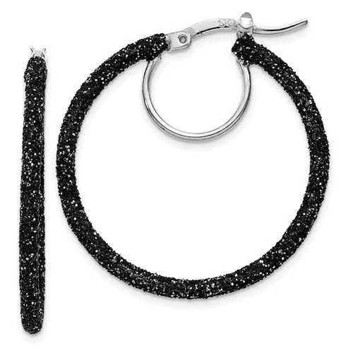 Stellar theme earrings-Sterling Silver Rhodium And Black Glitter Enamel Glitter Hoop Earrings