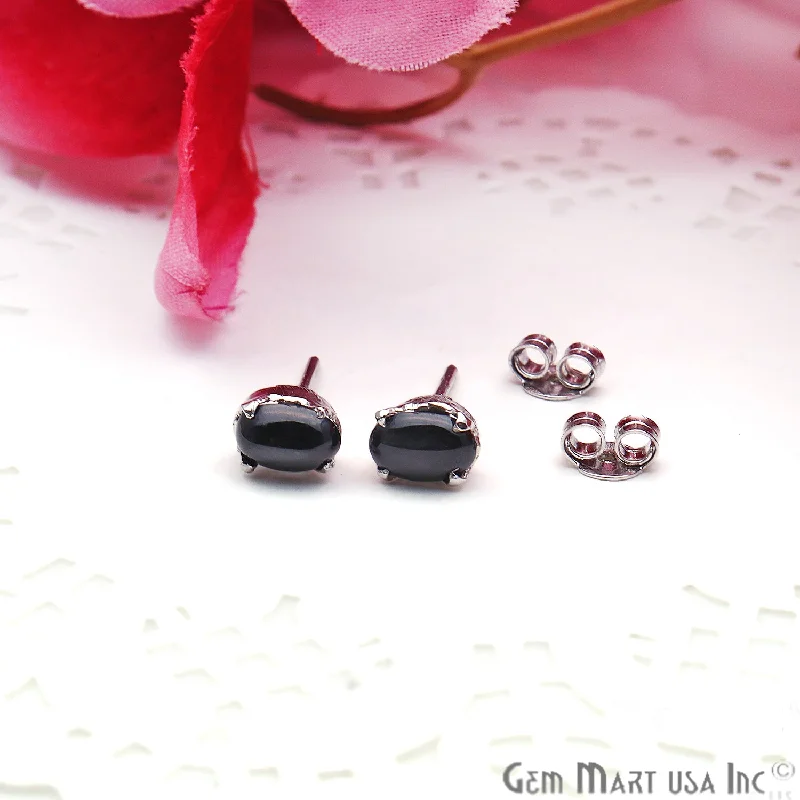 Pink gold earrings-Black Sapphire 6x4mm Sterling Silver Oval Shape Prong Setting Stud Earring