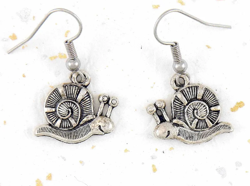 Short earrings with smiling pewter snails, stainless steel hooks