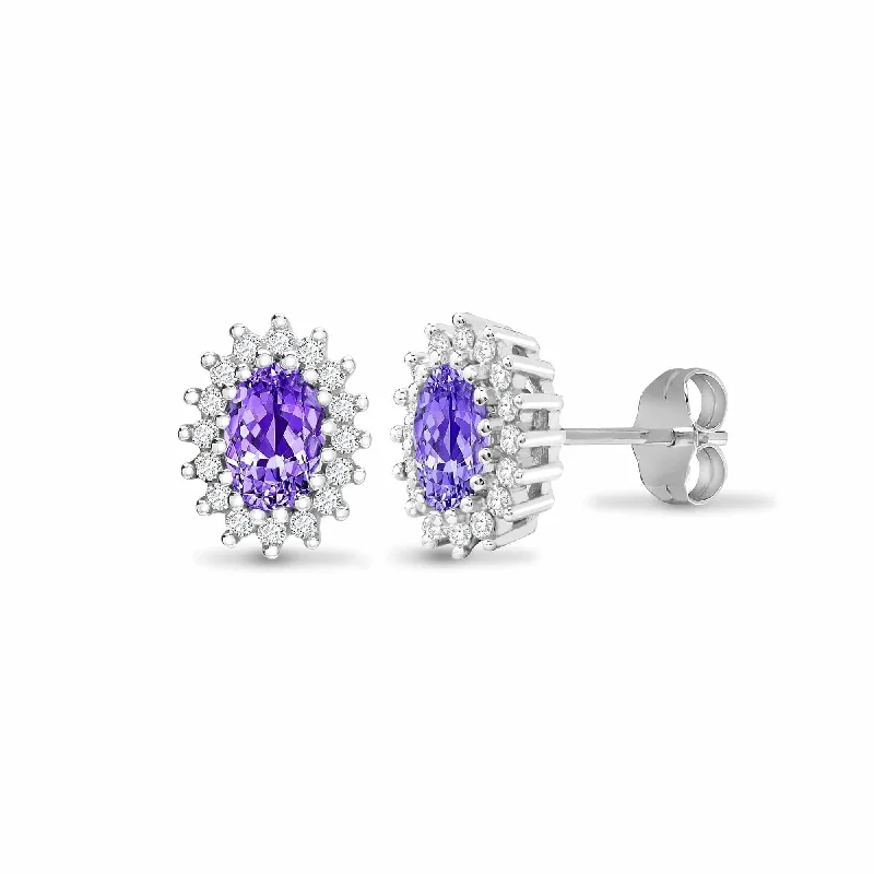 Topaz stud earrings-Amethyst Halo Stud Earrings in 9K White Gold