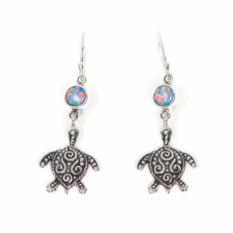 Crystal-twisted earrings-Sterling Silver Filigree Turtle and Opal Dangle Earrings