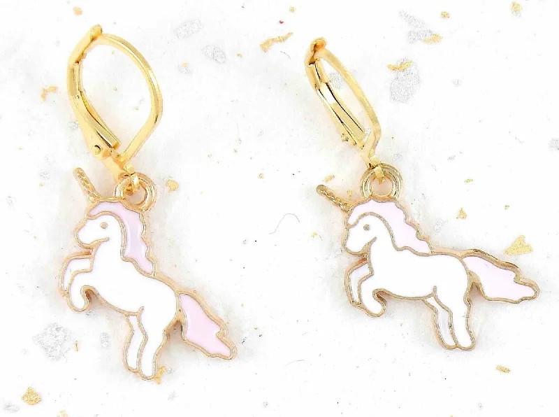 Short earrings with white and pink enamelled jumping unicorns, gold-toned stainless steel lever back hooks